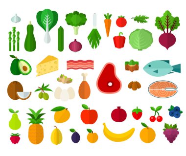 Ketogenic diyet simgeleri düz vektör kümesi