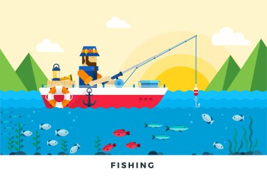 Adam şafak vektörü düz çizimde balık tutuyor..