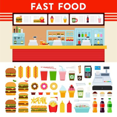 Fast food restoranı ve menü vektör simgesini izole et.