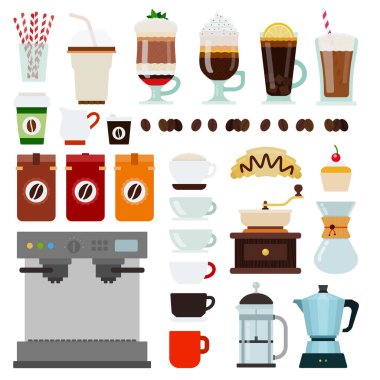 Kafe simgeleri düz vektör kümesi