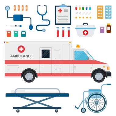 Ambulanslar ve tıbbi ekipman vektör düz malzeme tasarımı seti. Stetoskop, Tonometre, haplar, ecza dolabı, sedye, tekerlekli sandalye beyaza izole edilmiş..