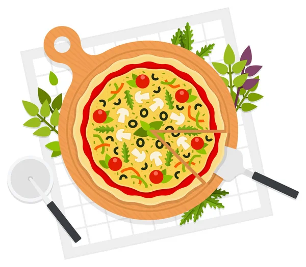 Свежая пицца итальянская векторная иллюстрация в плоском дизайне. Европейская закуска. Еда с видом сверху. — стоковый вектор