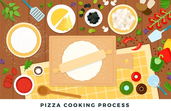 Proceso de cocción de pizza. Ilustraciones planas vectoriales. Conjunto de productos y herramientas para cocinar pizza sobre mesa de madera. — Archivo Imágenes Vectoriales