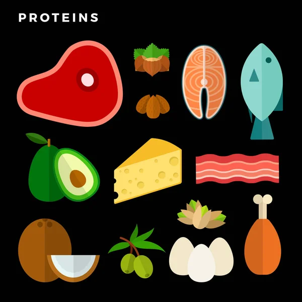 含蛋白质扁平的产品，在黑色上分离 — 图库矢量图片