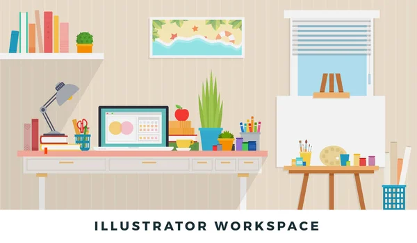 Espace de travail Illustrator. Illustrateurs vectoriels plats. Lieu de travail du concepteur avec des dispositifs pour le travail. — Image vectorielle