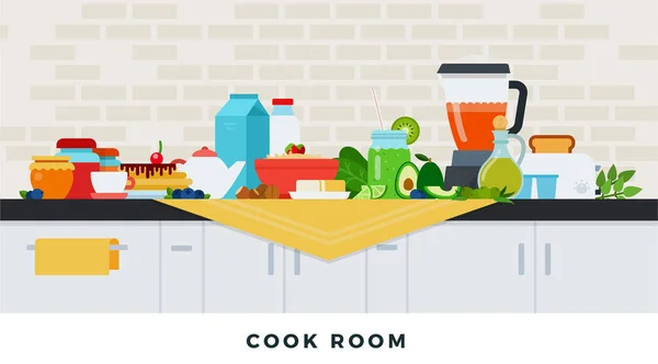 Főzőszoba egészséges reggelivel. Vektorlapos illusztrációk. Egészséges táplálkozás koncepciója. — Stock Vector