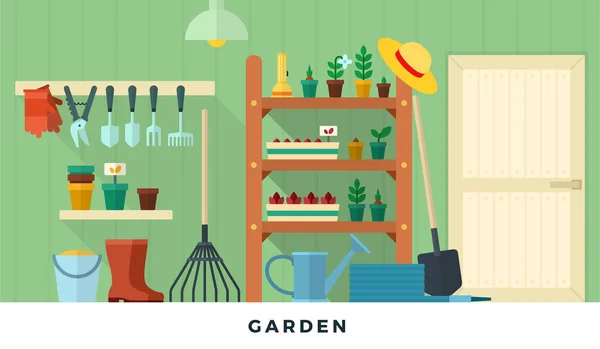 Sala de despensa com ferramentas. Ilustrações planas vetoras. Conceito de jardinagem. —  Vetores de Stock