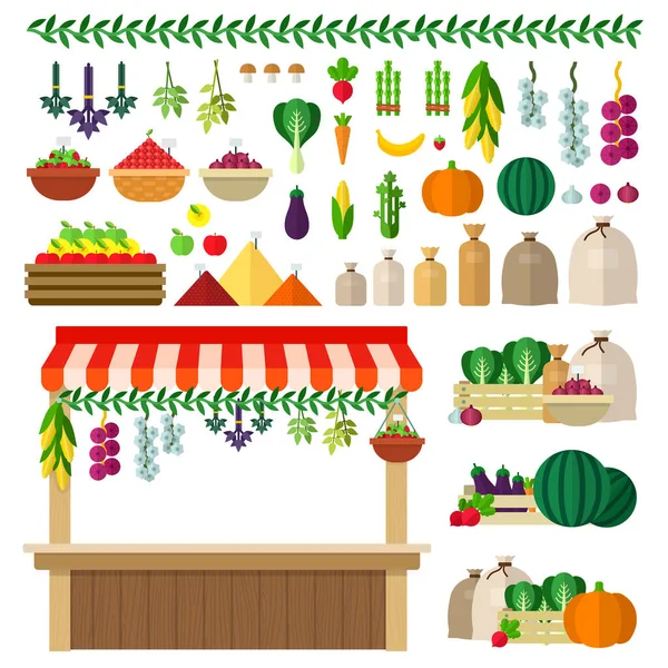 Village mercado de alimentos iconos vector plano — Vector de stock