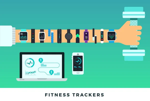 Fitness Trackers finns till hands med hantel. Vektorplatta illustrationer. Idrottslivsstil. — Stock vektor