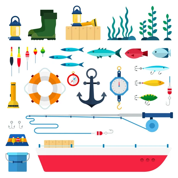 Conjunto de herramientas de pesca iconos vector plano — Archivo Imágenes Vectoriales