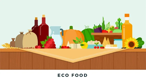 Ensemble d'éco-aliments sur la table vecteur plat illustration. — Image vectorielle