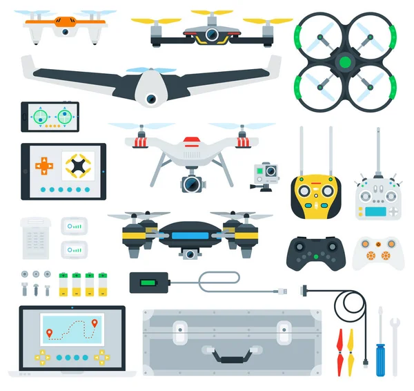 Set of Copter and Drone flat vector illustration. — Stock Vector