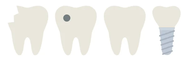 Un conjunto de cuatro dientes, sanos y que requieren ilustración vectorial de tratamiento en un diseño plano — Vector de stock