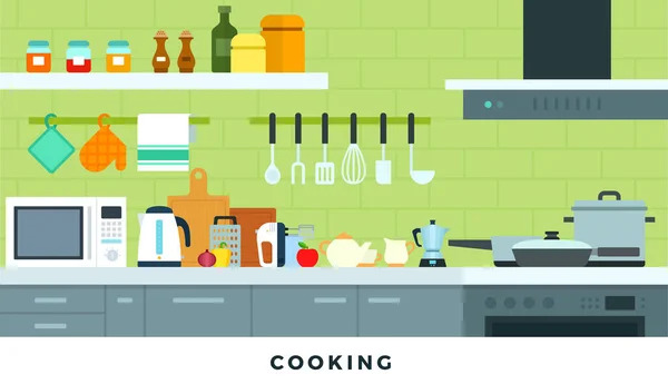 Appareils de cuisson dans la cuisine vecteur plat illustration. — Image vectorielle