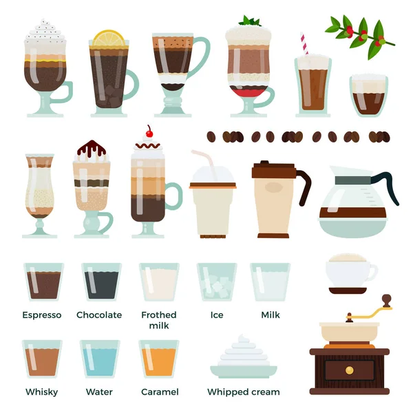 Set med kaffe och ingredienser ikoner platt vektor — Stock vektor