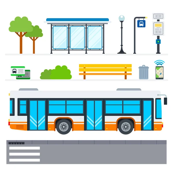 City bus vector flat icons set with public transport stop on white — Διανυσματικό Αρχείο