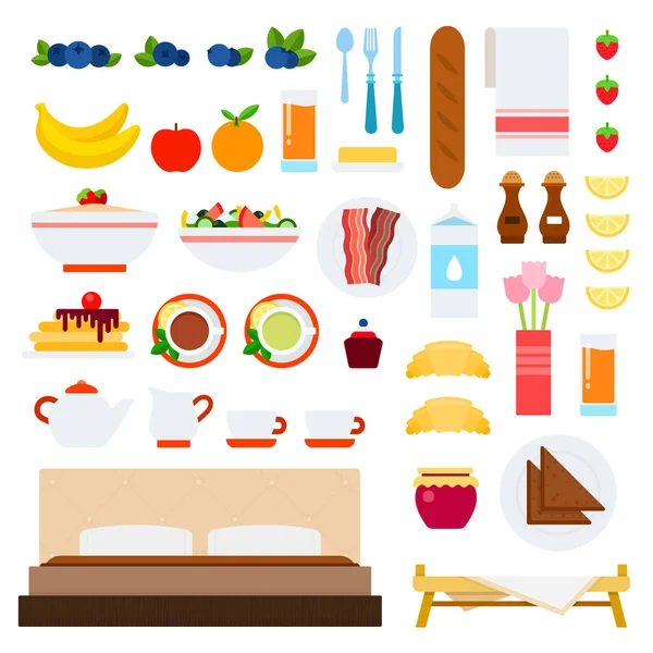 Desayuno en cama vector ilustración plana con atributos y comidas para el desayuno aislado sobre un fondo blanco. — Vector de stock