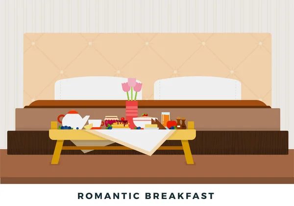 Desayuno romántico en la cama en una mesa de desayuno vector plano aislado — Vector de stock