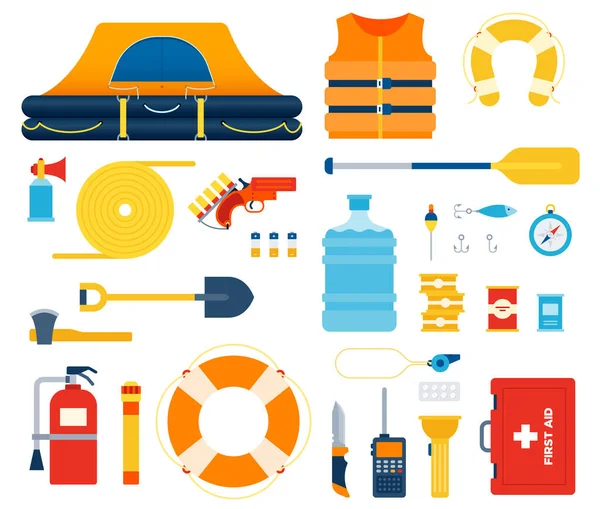 Conjunto de kit de seguridad del barco, balsa salvavidas, flotador plano vector ilustración . — Archivo Imágenes Vectoriales