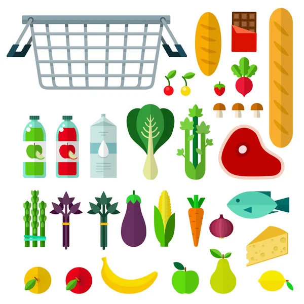 Voedsel mand vector platte illustratie. Set met maïs, kool, sap, wortel, aubergine, biet voor website shop. geïsoleerd op wit — Stockvector