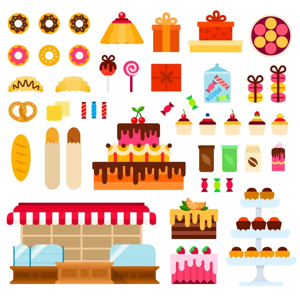Pasticceria negozio vettore illustrazione piatta. Set con ciambelle, torta, maccheroni, cupcake, pane, caramelle per negozio di siti web. Isolato su bianco — Vettoriale Stock