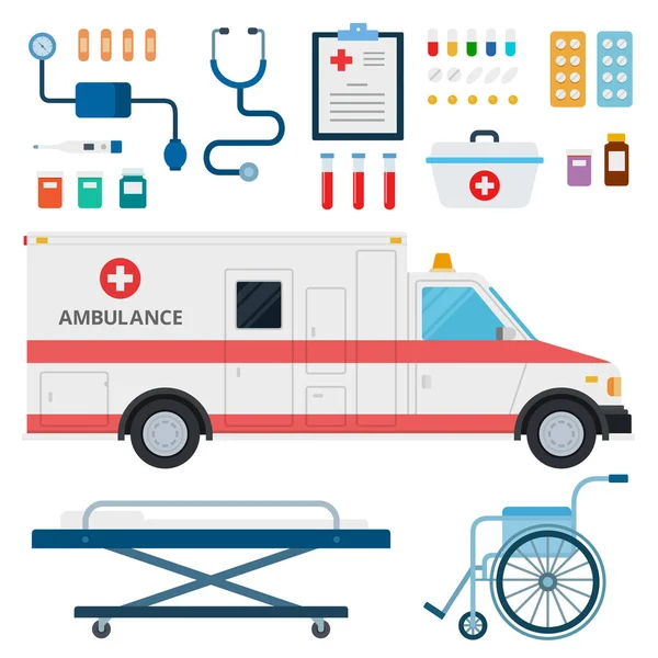 Set di progettazione di materiale piatto vettoriale per ambulanze e attrezzature mediche. Stetoscopio, Tonometro, pillole, medicina petto, barella, sedia a rotelle isolata su bianco. — Vettoriale Stock