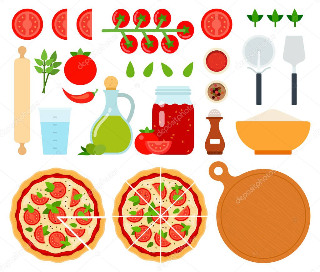 Set of Margarita Pizza icons flat vector illustration