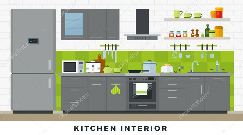 Kitchen interior with furniture, utensils and appliances. Vector flat illustrations.