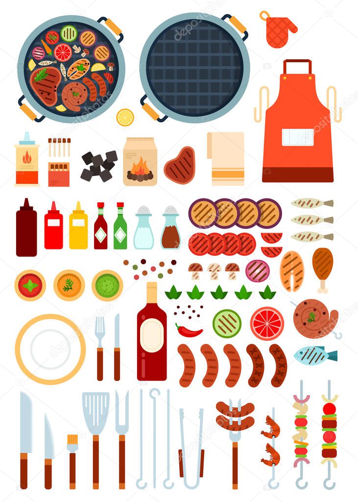 Set of Grill and Beef icons flat vector