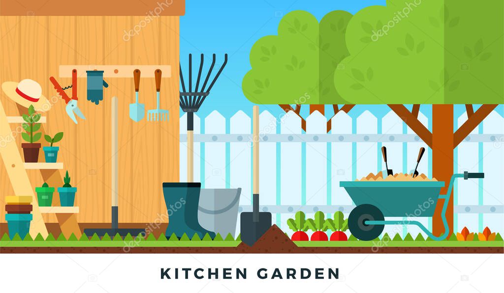 Colorful vector flat illustration of kitchen garden. Tools for gardening.