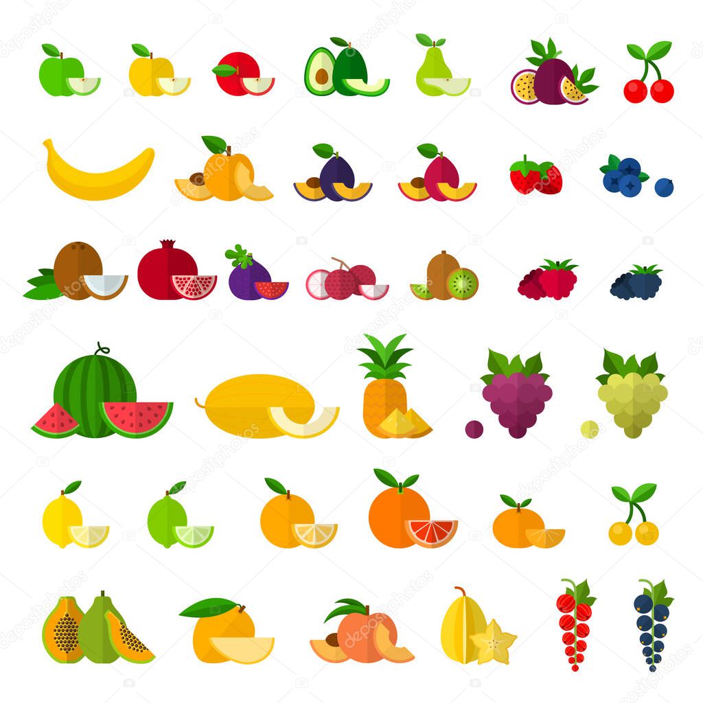 Set of Fruits and Berries icons flat vector