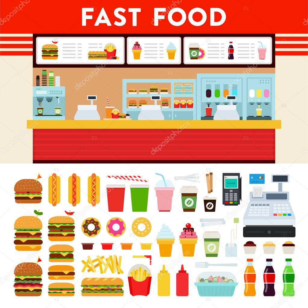 Fast food restaurant and set menu vector icon flat isolated.