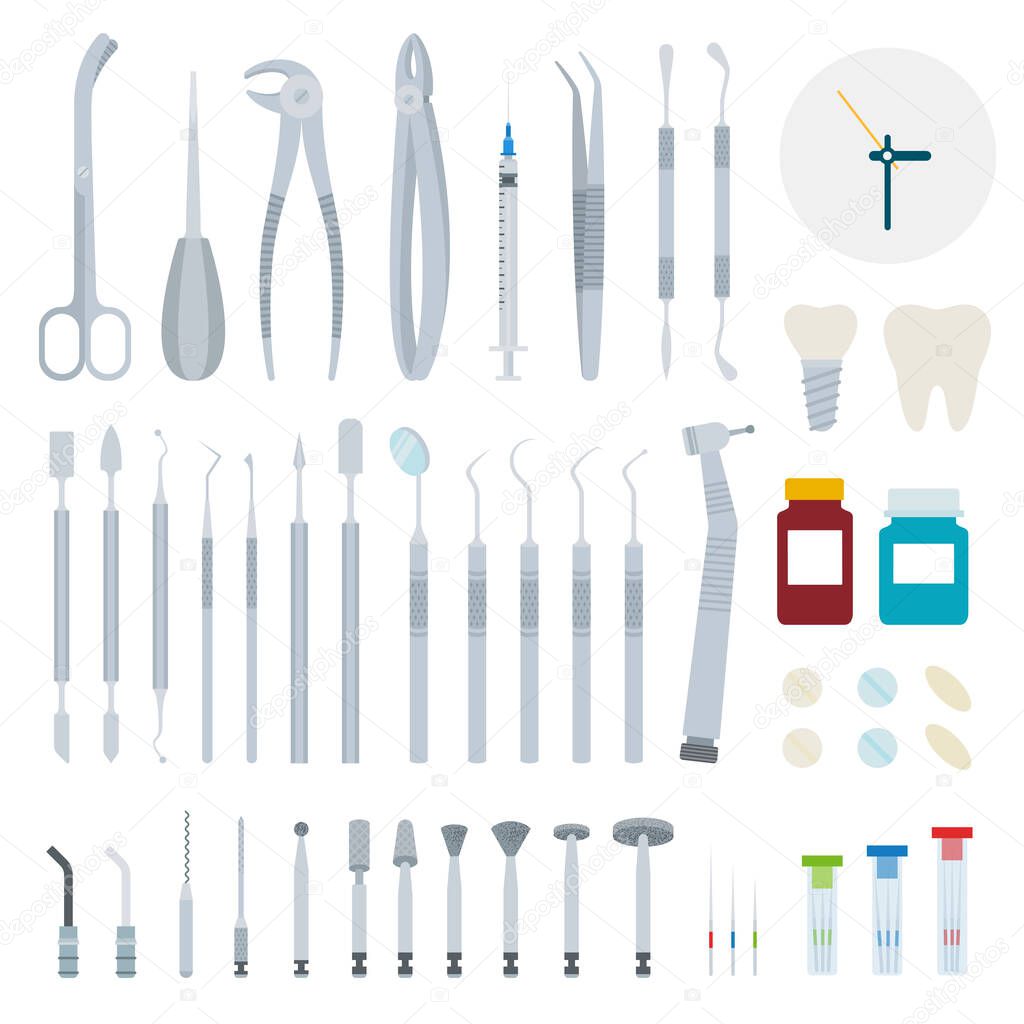 Set of Stomatology and Dental tools flat vector illustration.