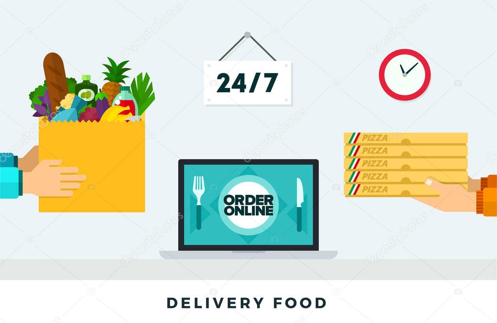 Delivery food around the clock. Vector flat illustration. Fast food delivery through the application