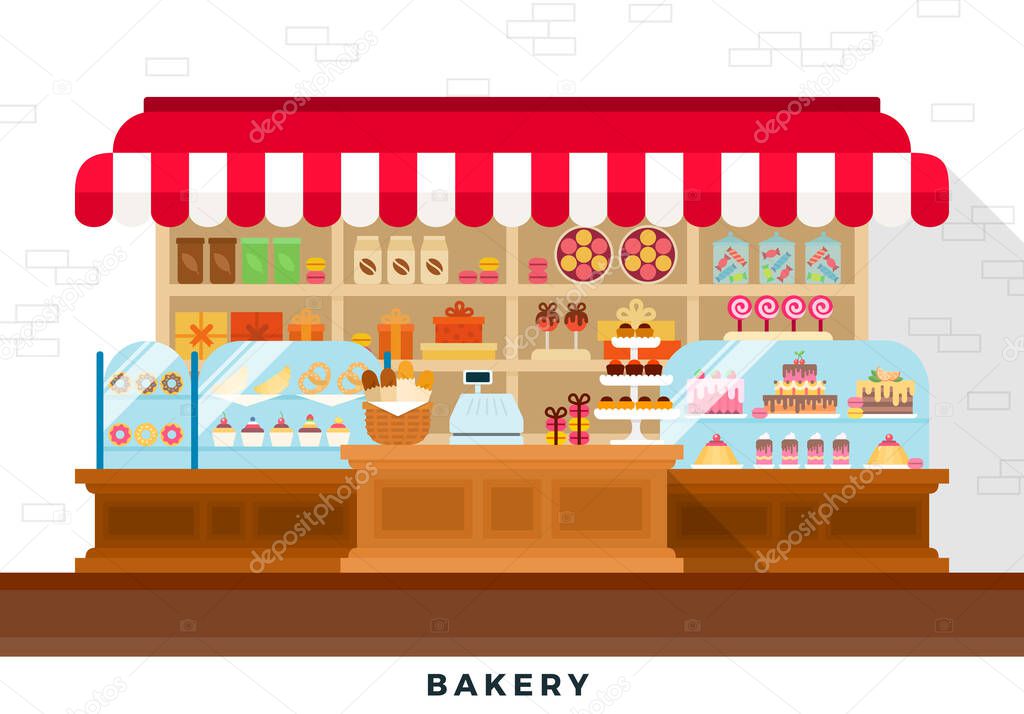 Confectionery, bakery store counter vector flat illustration.