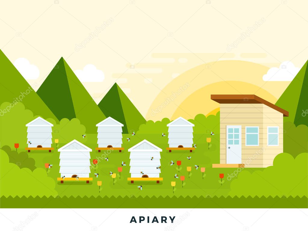 Beekeeping farm at dawn vector flat illustration.