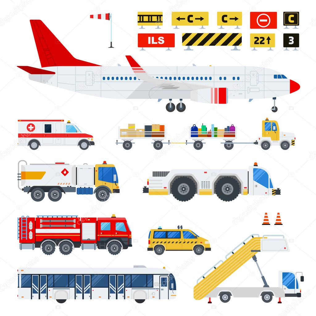 Airport transportation and Road signs at the airport vector flat material design set. Ambulance, fire engine, ladder on wheels, passenger bus, taxi, aircraft isolated on white.