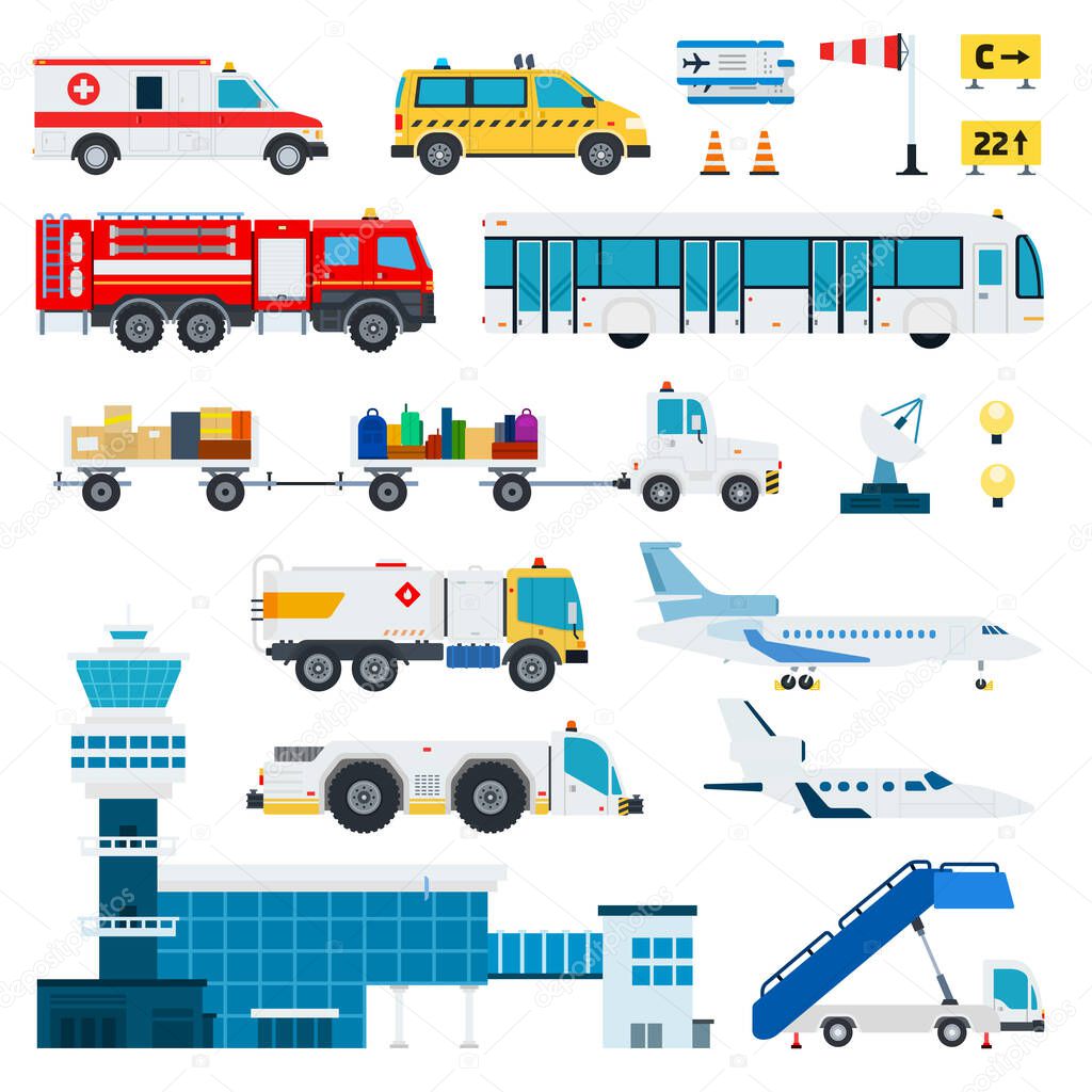Airport transportation vector flat material design set. Fire engine, ambulance, ladder, passenger bus, automotive fuel, baggage car, tower control room, aircraft, satellite antenna isolated on white.