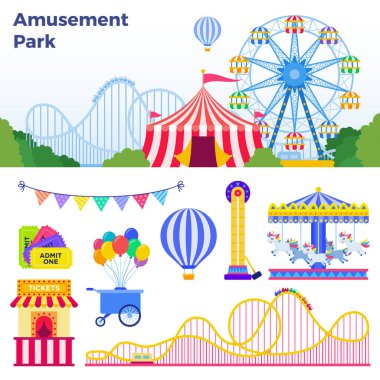 Düz tasarımda lunapark vektör illüstrasyonunda renkli çekimler