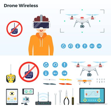 Düz tasarımda kablosuz dron kontrol vektör çizelgesi grubu