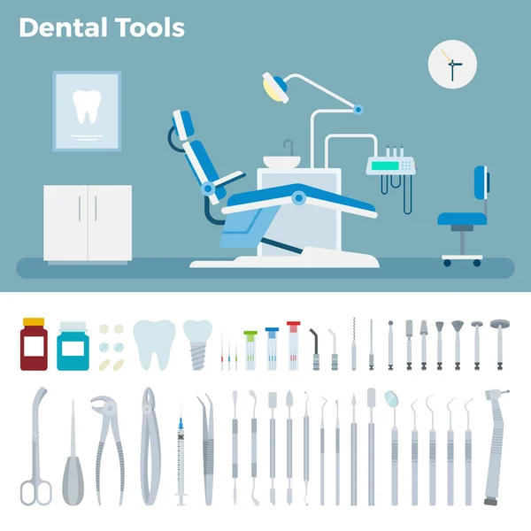 Odontólogos oficina y kit de herramientas de tratamiento dental ilustración vectorial en un diseño plano — Archivo Imágenes Vectoriales