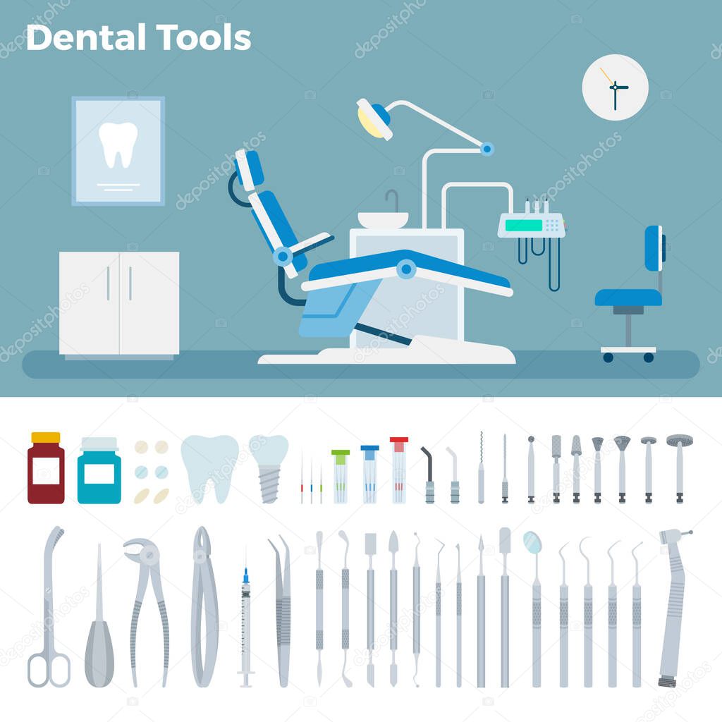 Dentists office and dental treatment tool kit vector illustration in a flat design