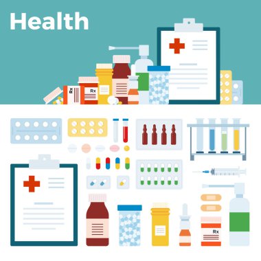 Illustration with various medicaments in the form of tablets, injections vector icon in flat design. clipart