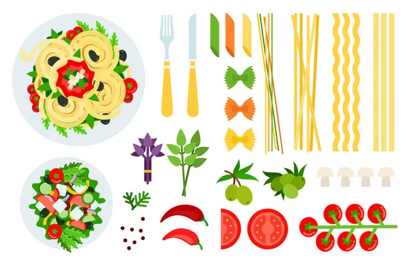 Italienische Spaghetti, Salat und Zutaten Vektorillustration in flachem Design. — Stockvektor