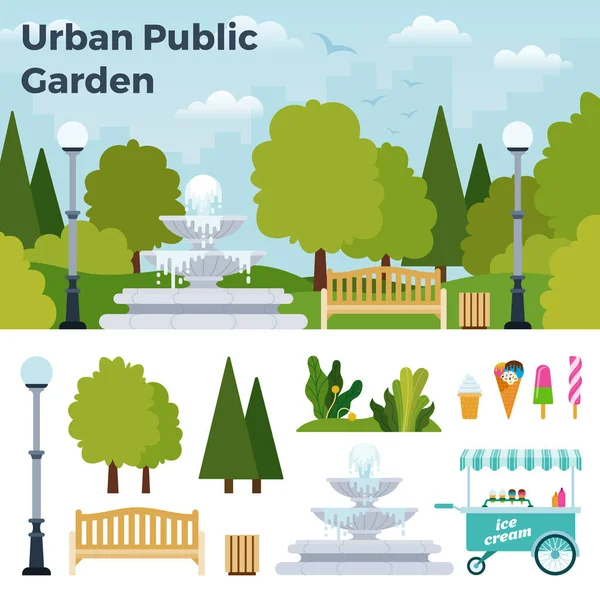 Belo jardim público urbano com um ícone de vetor de fonte ilustração isolada plana — Vetor de Stock