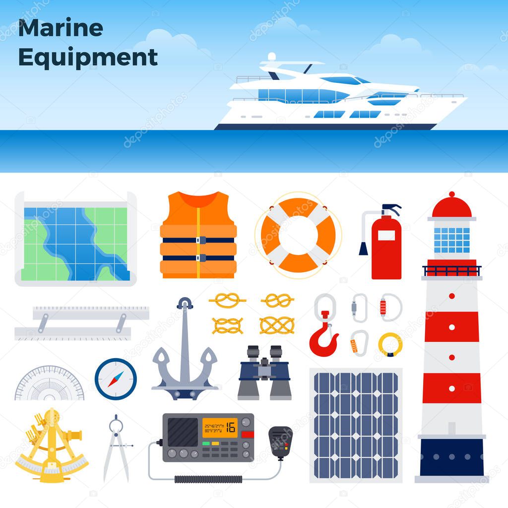 Motor yacht and marine equipment vector illustration in a flat design.