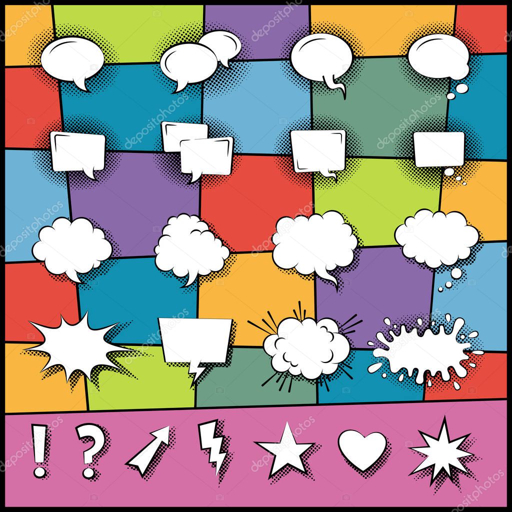 Set of speech cartoon bubbles in pop art style on abstract background vector icon in a flat design