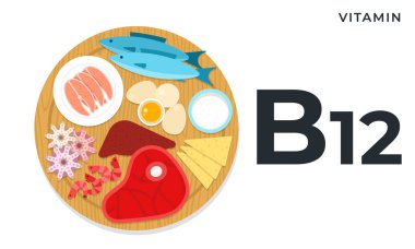 B12 vitamini içeren düz vektör çizimleri. Sağlıklı gıda ve refah kavramı.