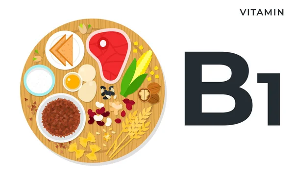 B1-vitamin koncepció egészséges táplálkozás lapos design vektor illusztráció. B1-vitamint tartalmazó termékek fa vágódeszkán. — Stock Vector