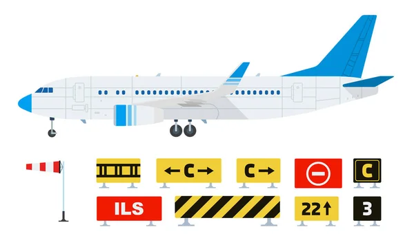 Waarschuwingsset die verkeersborden en vlakke pictogrammen van het vliegtuig verbiedt geïsoleerd — Stockvector